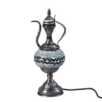 Handgefertigte orientalische Mosaik Glas Tischlampe - Weinkrug Form, Gr&ouml;&szlig;e 12x38 cm, Silber und Gr&uuml;n