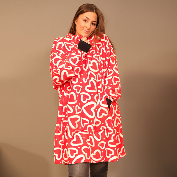 Flauschiger Flanell Hoodie mit großer Tasche, rotes Herzmuster image number 2