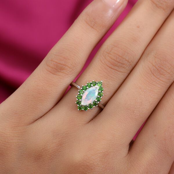 Nat&uuml;rlicher &Auml;thiopischer Opal und Russischer Diopside Halo Ring 925 Silber Platin-&Uuml;berzug image number 3