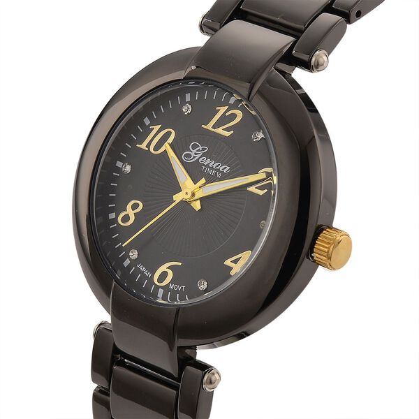 GENOA TIME V2 Uhr mit Japanischem Miyota 2035 Werk, Zifferblatt Schwarz mit Prägemuster und Weißen Kristallen, Edelstahlarmband Schwarz, 3 ATM wasserdicht image number 3