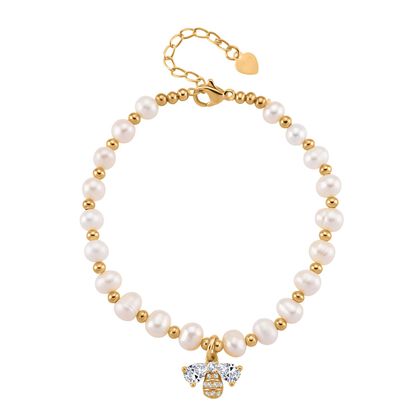 Wei&szlig;e S&uuml;&szlig;wasser Perle, Zirkonia Armband ca. 18cm + 5cm Extender, Nickelfreies Messing gelb vergoldet