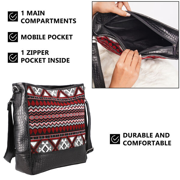 Crossbody Bag aus echtem Leder und Jacquard mit Krokoprägung, schwarz image number 6