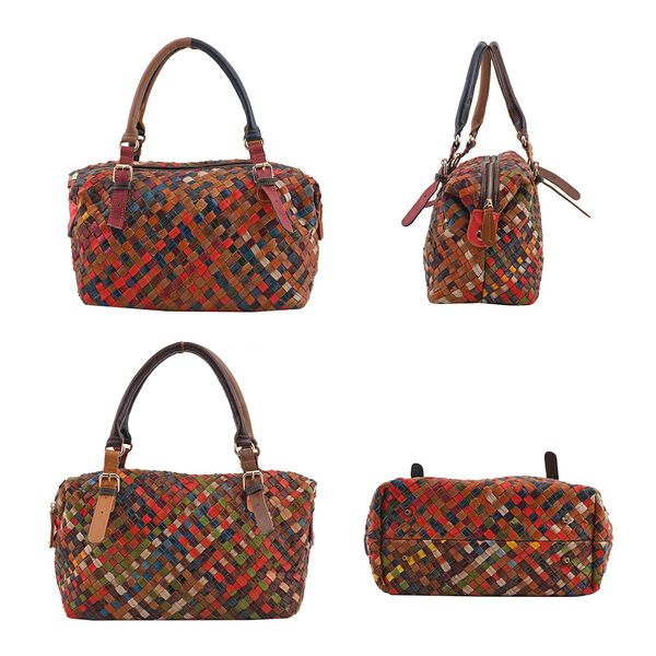 CHAOS BY ELSIE - Gewobene Umh&auml;ngetasche aus echtem Leder, 25x10x21 cm, Karomuster, Orange image number 4