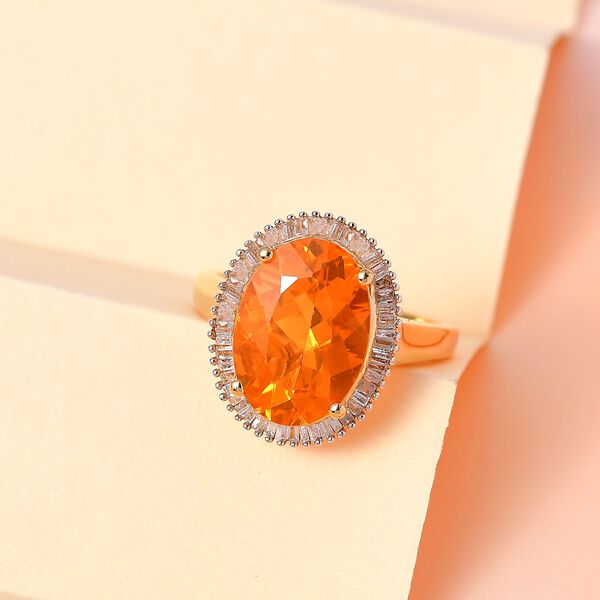 Brasilianischer Feueropal, weißer Diamant Ring, 925 Silber Gelbgold Vermeil, (Größe 17.00) ca. 4.18 ct image number 1