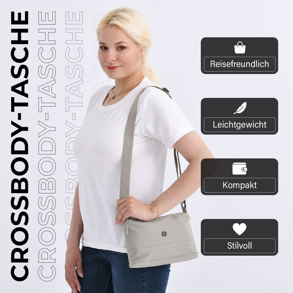 Nylon Crossbody Tasche mit Reißverschlussfächern, verstellbarem Schulterriemen, Hellgrau image number 2