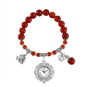 STRADA - Japanisches Uhrwerk, Roter Achat, Wei&szlig;er Kristall Flexible Uhr 18.5 cm 316L Edelstahl ca. 25.30 ct