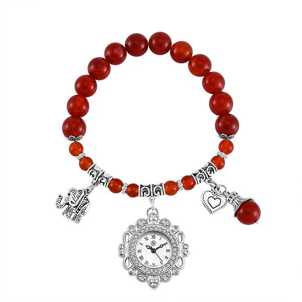 STRADA - Japanisches Uhrwerk, Roter Achat, Wei&szlig;er Kristall Flexible Uhr 18.5 cm 316L Edelstahl ca. 25.30 ct