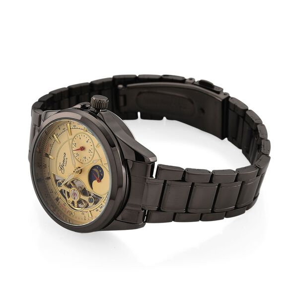 GENOA TIME V2 - Automatik-Armbanduhr, Mechanisches Uhrwerk, Edelstahlarmband, Schwarz-Goldfarben, Beigefarbenes Zifferblatt image number 5