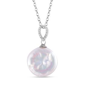 15-17mm weißer Süßwasserperlen und Zirkon-Anhänger mit 45cm Kette - 0,10 ct.