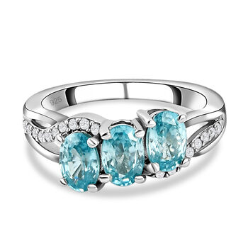 Kambodschanischer, blauer Zirkon und wei&szlig;er Zirkon-Ring, 925 Silber platiniert (Gr&ouml;&szlig;e 17.00) ca. 2.34 ct