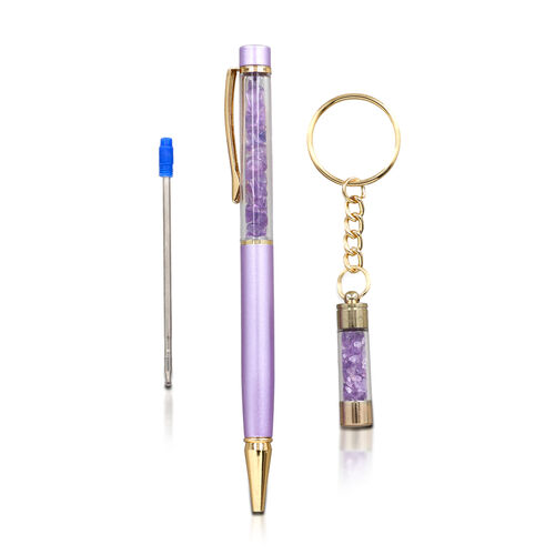 amethyst t Gamstone Pen with Extra Refill  & Kaychain Size: 14(L) Color- Puple image number 1