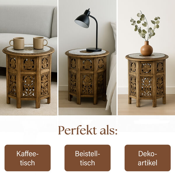 NAKKASHI handgeschnitzter klappbarer Tisch aus Mangoholz mit handgeprägter Aluminiumplatte, 53x53x53 cm, natur image number 5