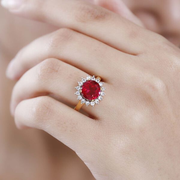 Magenta Rosa Quarz Triplette, weißer Zirkon Ring, 925 Silber vergoldet (Größe 19.00) ca. 4.33 ct image number 2