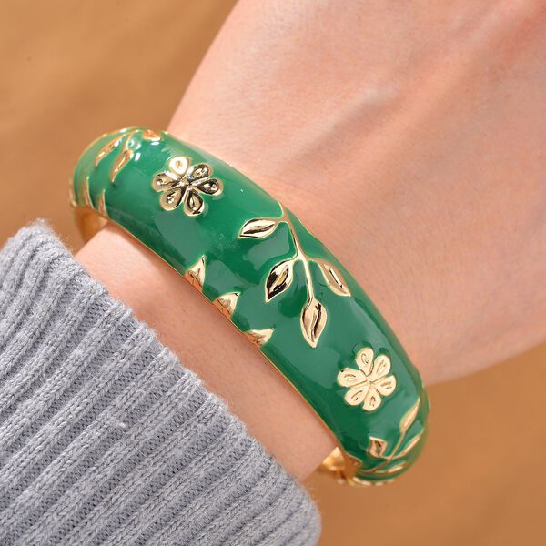 Armreif mit Emaille-Bl&uuml;tendekor, ca. 19 cm ca. 60,00g, gr&uuml;n image number 1