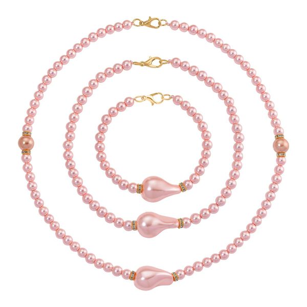 3er Set Rosa Muschelkernperlen-Schmuckstücke, bestehend aus Armband (ca. 19 cm) und zwei Halsketten (ca. 40 cm und 50 cm), gelb vergoldet image number 0