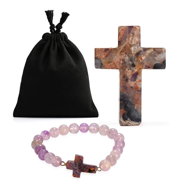 LIVMORE Amethyst Edelstein Kreuz mit Armband und Kreuz Anh&auml;nger, 7,62 cm, Lila