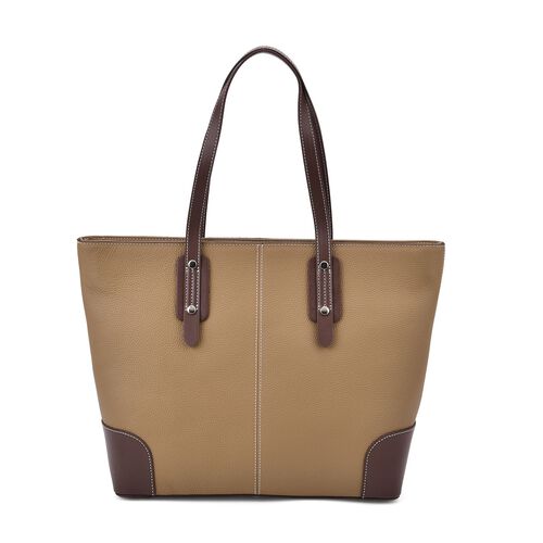 Echtleder Modische, geräumige Kontrastfarbene Tasche mit Verschluss, Größe: 33x13x29 cm, Khaki image number 0