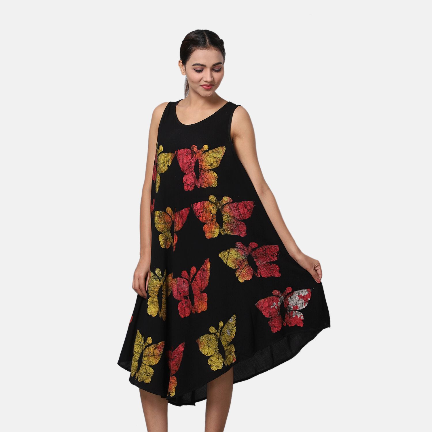 Luftiges Sommerkleid, 100% Viskose, One Size, Schwarz, Schmetterlingsmuster  | SHOPLC