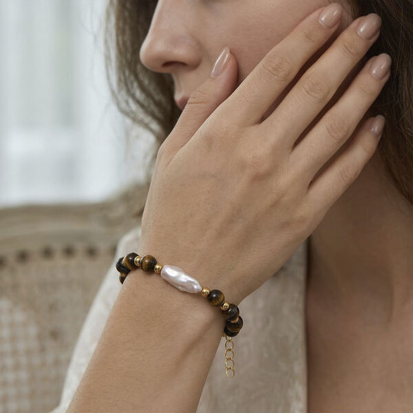 Tigerauge, Wei&szlig;e Keshi Perle Armband, ca. 18cm mit 5cm extender, Reine Legierung goldfarben image number 3