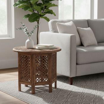 NAKKASHI Tisch Mangoholz handgeschnitzt sechseckig 68 x 68 x 49 cm Burnt-Finish