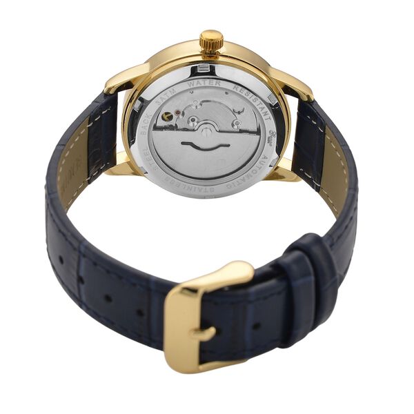 GENOA - Automatik-Armbanduhr mit Herz-Design und Datumsanzeige, Dandong-Uhrwerk, Wei&szlig;es Zifferblatt, Goldfarben, Blaues Lederarmband, 36 mm image number 6