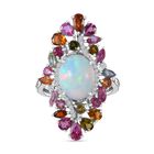 AA Natürlicher, äthiopischer Welo Opal, mehrfarbiger-Turmalin Ring, 925 Silber platiniert, (Größe 17.00) ca. 5.25 ct