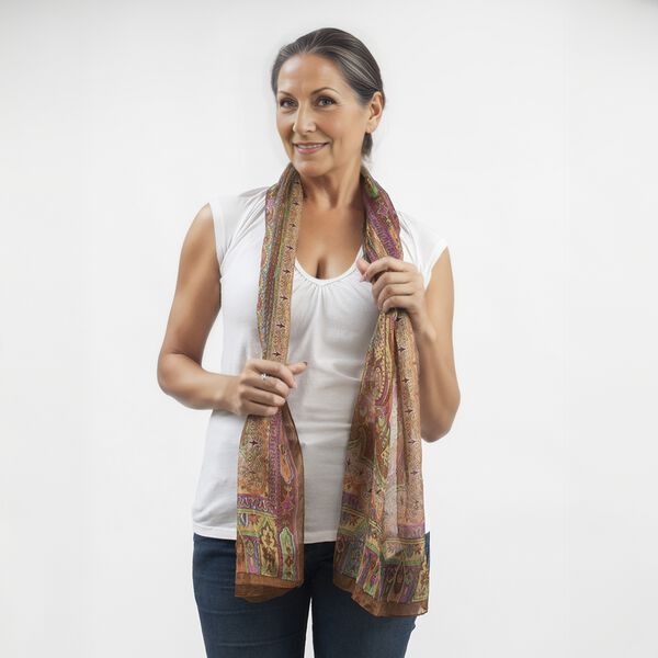 100% Natur Seide, Designer Schal, 50x160 cm, Braun/Pink image number 3