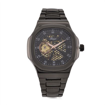 GENOA - Automatikuhr mit Skelett-Design, Edelstahlarmband, 3ATM wasserdicht, Schwarzes Zifferblatt, PNP-Schwarzplattierung, ca. 22 cm