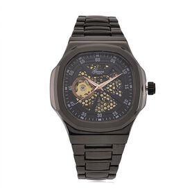 GENOA - Automatikuhr mit Skelett-Design, Edelstahlarmband, 3ATM wasserdicht, Schwarzes Zifferblatt, PNP-Schwarzplattierung, ca. 22 cm