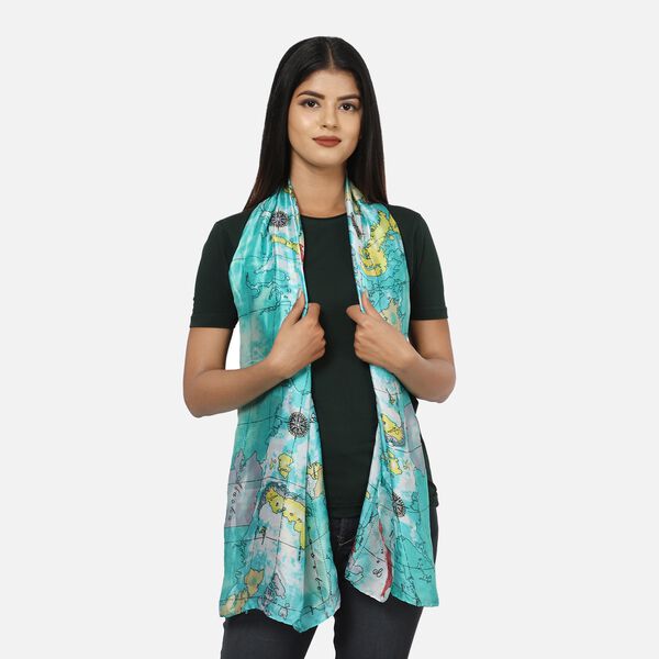 100% nat&uuml;rlicher Satin Seiden Schal, Weltkarte Muster, T&uuml;rkis image number 2