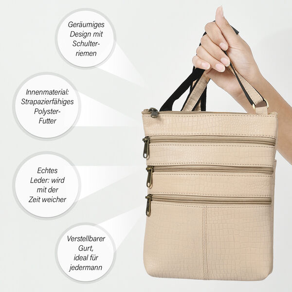 Echtleder Crossbody Tasche mit Kroko-Pr&auml;gung, Beige image number 4