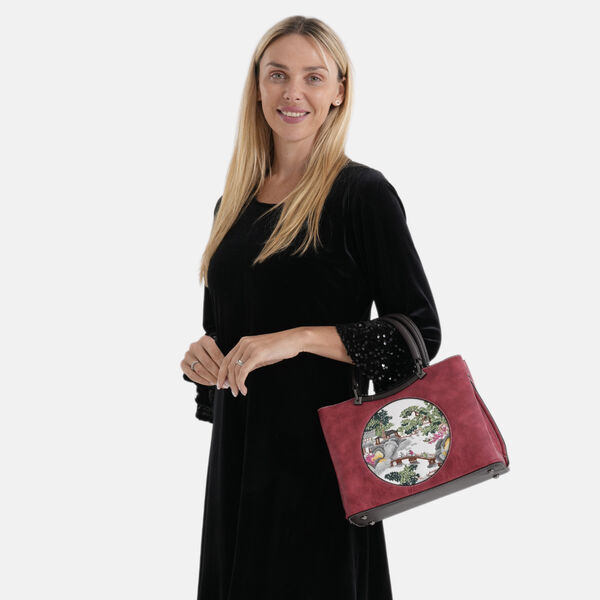 Florale Kunstprint Crossbody-Tasche mit gemustertem Schulterriemen, 30 x 18 x 22 cm, Rot image number 3