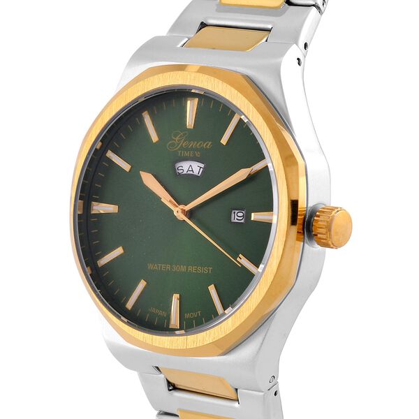 GENOA - Japanisches Uhrwerk, Grünes Sonnenschliff-Zifferblatt mit Balkenindexen, Edelstahl mit Faltschließe, Reiner Edelstahl, Bicolor, 20 cm image number 4