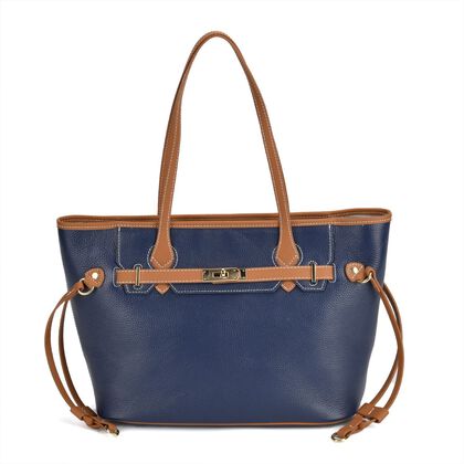 Echtleder Modische, ger&auml;umige Kontrastfarbene Tasche mit Verschluss, Gr&ouml;&szlig;e: 41x15x26 cm, marineblau