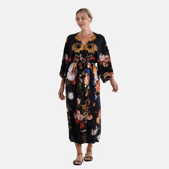 LA MAREY Kimono mit Pfauenprint 100% Viskose Einheitsgr&ouml;&szlig;e 128 cm L&auml;nge, Schwarz