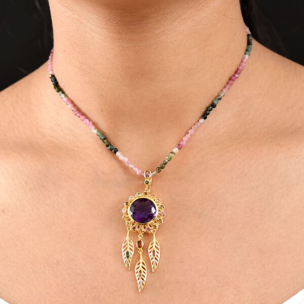 D'joy Afrikanischer Amethyst, Mehrfarbig-Turmalin Anhänger mit Kette, 925 Silber 750 Gelbgold Vermeil ca. 46.89 ct image number 3