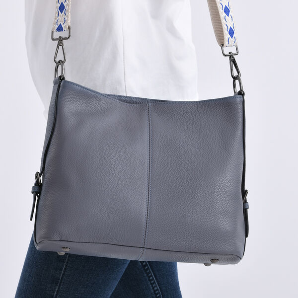 Echtleder-Crossbody-Tasche aus gepr&auml;gtem Leder, verstellbarer Schulterriemen (ca. 120 cm), 32x12x25 cm, Blau image number 2