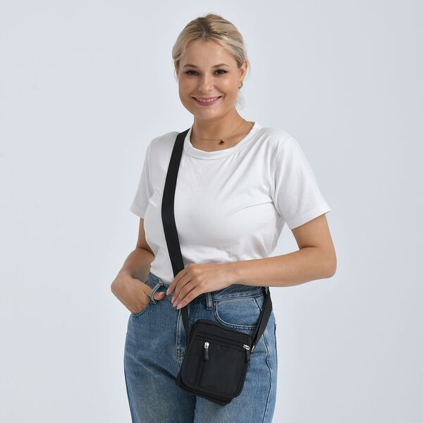 Umh&auml;ngetasche mit mehreren Rei&szlig;verschlussf&auml;chern und RFID-Schutz, 12,5x6x16cm, Schwarz image number 3