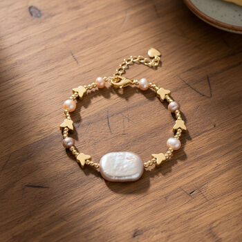 Rosa S&uuml;&szlig;wasser Perle, Lila S&uuml;&szlig;wasser Perle Armband ca. 15.85 cm + 3.5 cm Extender, Nickelfreies Messing, Goldfarben