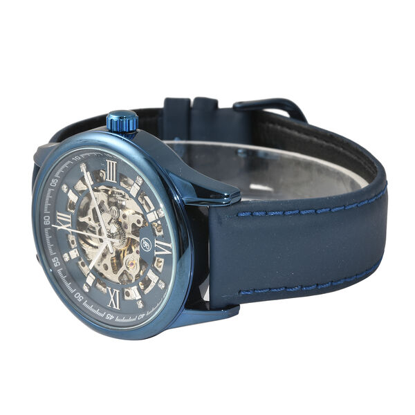 Genoa - Goldfarbene Automatikuhr, transparentes Ziffernblatt, echtes Leder-Armband, wasserdicht bis 5 ATM, Edelstahl IP-Blau-Plattierung image number 3