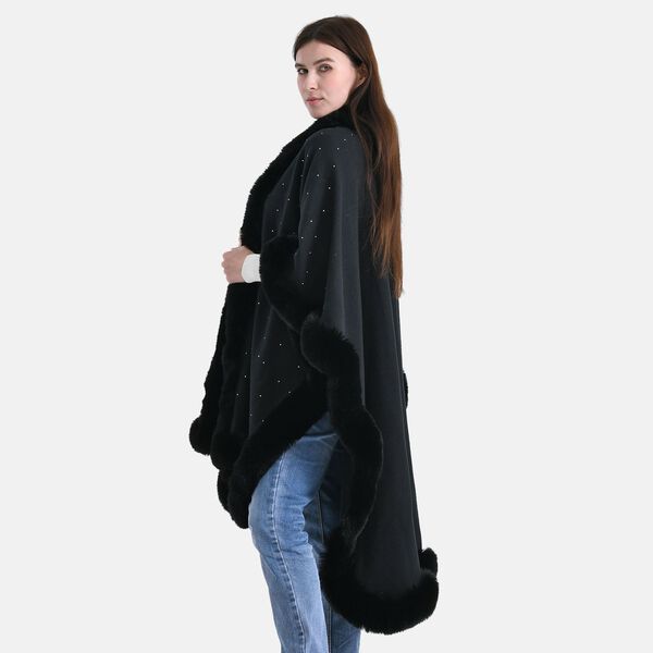 LA MAREY Poncho mit Kunstfellbesatz und Kristall-Detail, Schwarz, Einheitsgr&ouml;&szlig;e image number 3