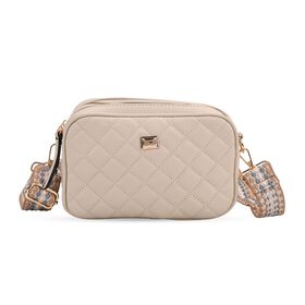 Crossbody-Tasche mit Steppmuster und gemustertem Schultergurt, Kunstleder, 21 x 13 x 7.5 cm, Beige