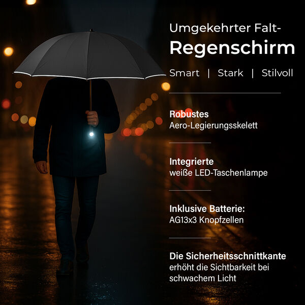 Aero-Alloy Regenschirm, 22 Zoll LED, Schwarz, Wind- und Regensicher image number 2
