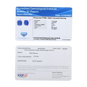 RHAPSODY zertifiziert und gepr&uuml;ft AAAA Tansanit Ohrringe in 950 Platin - 2,30 ct.