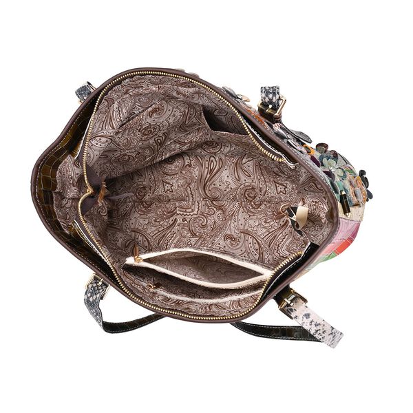 Chaos by Elsie Crossbody-Tasche aus echtem Leder, Multicolor mit glänzender Krokoprägung und Blumenmotiv im Rautenmuster, RFID-Schutz und Mini-Taschenlampe, 35x14x27 cm image number 6