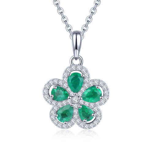 AAA Kagem sambischer Smaragd und Zirkon floraler Anhänger mit Kette in Silber image number 0
