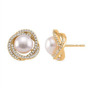 Wei&szlig;er Zirkonia, Wei&szlig;e S&uuml;&szlig;wasser Perle Ohrringe, Nickelfreies Messing gelb vergoldet