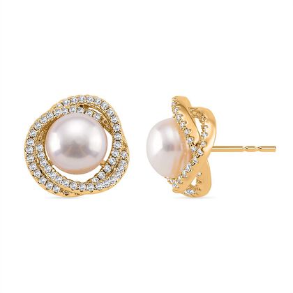 Wei&szlig;er Zirkonia, Wei&szlig;e S&uuml;&szlig;wasser Perle Ohrringe, Nickelfreies Messing gelb vergoldet