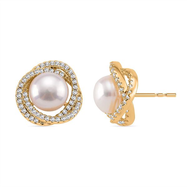 Wei&szlig;er Zirkonia, Wei&szlig;e S&uuml;&szlig;wasser Perle Ohrringe, Nickelfreies Messing gelb vergoldet image number 0