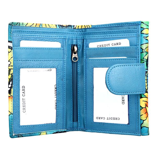 SUKRITI - handbemalte Bi-Fold Geldbörse aus echtem Leder mit RFID Schutz, Schmetterling, 14x9,52 cm, Türkis image number 6